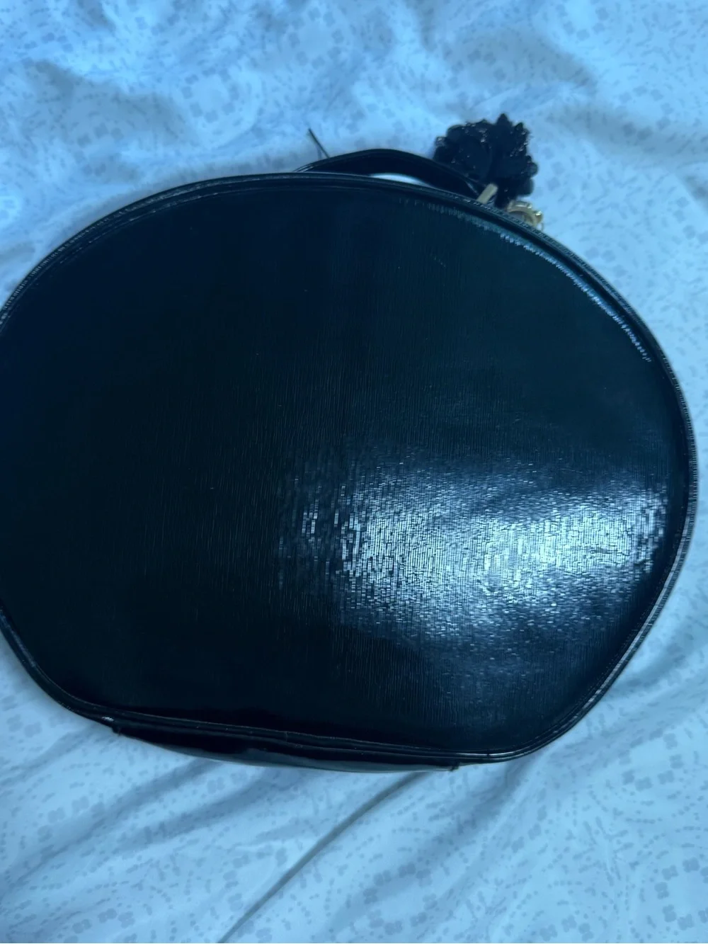 Lancome Black Patent Round Cosmetic Case with Top Handle